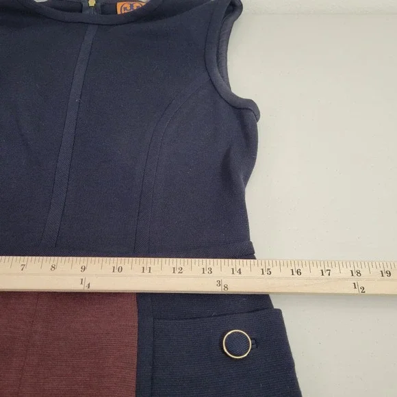 Tory Burch Brianna Sleeveless Colorblock Sheath Dress Navy Burgundy Pockets SZ S